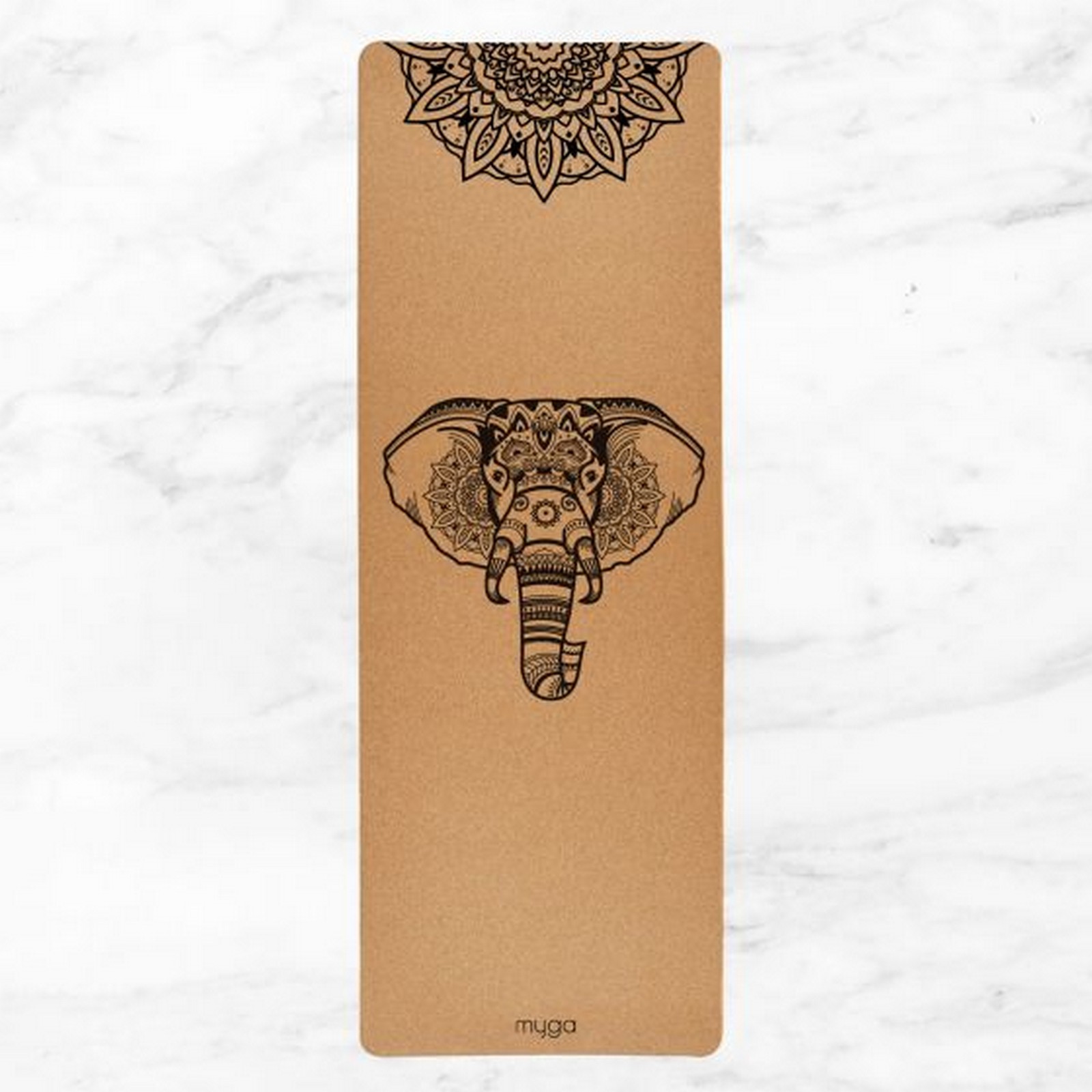 Коврик для йоги 200x70x0,6см Myga Yoga Mat Cork Elephant XL RY1321 пробка, принт со слоном 1600_1600
